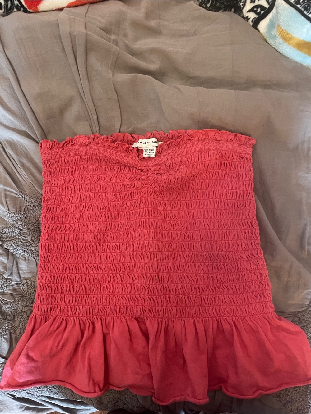 American Eagle Coral Pink Smocked Strapless Ruffle-Hem Tube Top